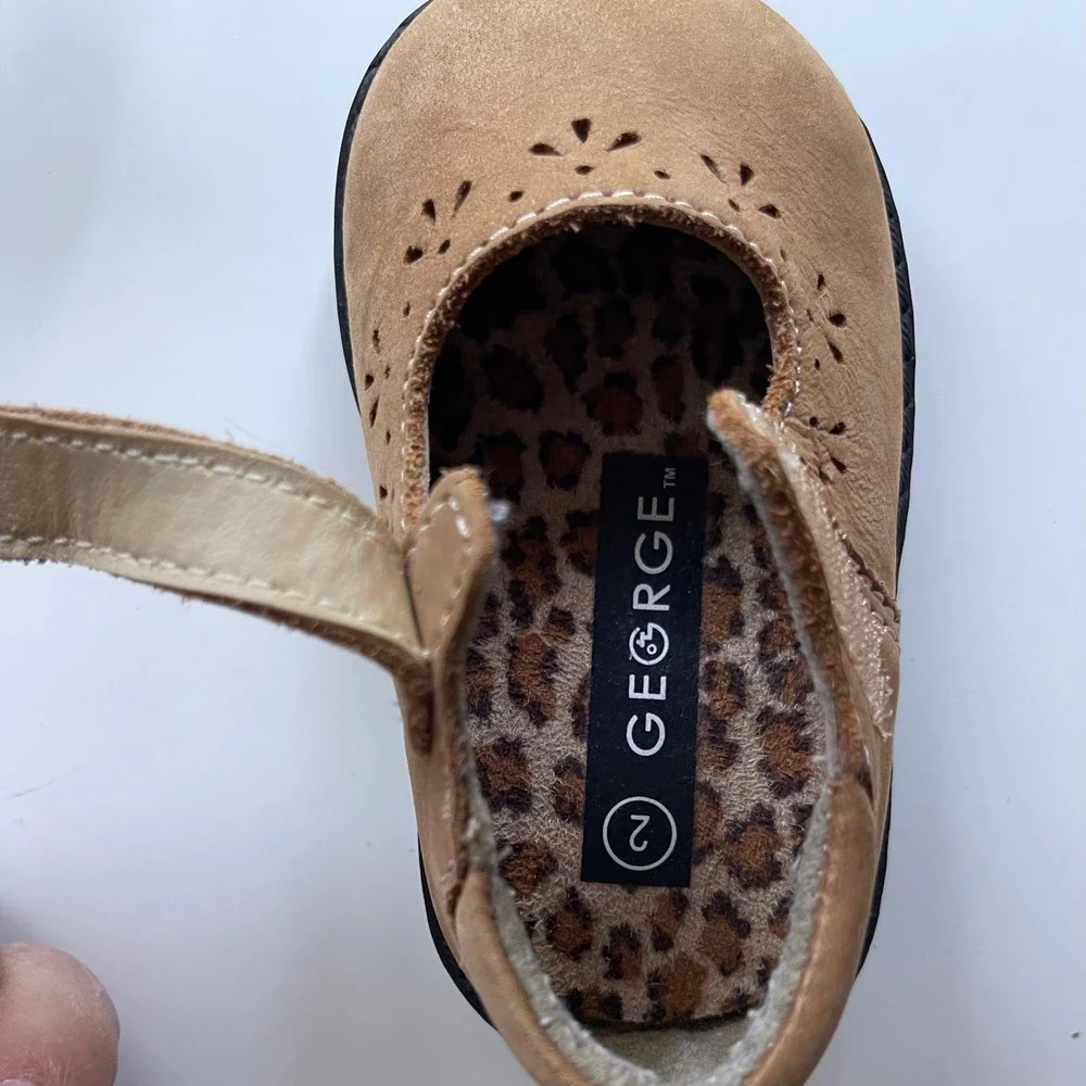 George Regan Tan Leather Mary Jane Shoe Toddler Girls Size2 Leopard Print Lining